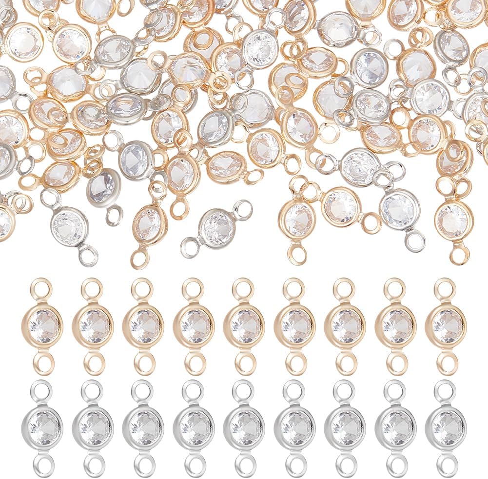 UNICRAFTALE 100Pcs Flat Round Birthstone Charms Glass Rhinestone Links Crystal Charms Clear Glass Charm Metal Diamond Connectors Charm for Earring Necklace Bracelet Keychain Making