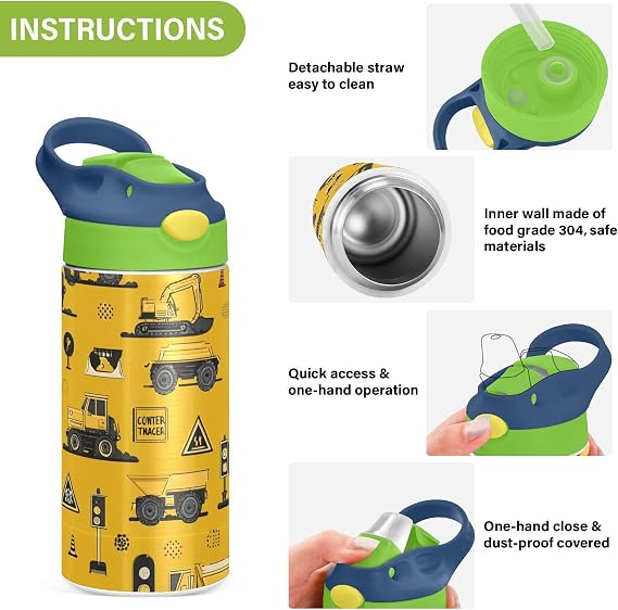 Boccsty Tractor Yellow Truck Kids Water Bottle with Straw Lid Construction Machines Insulated Stainless Steel Reusable Tumbler for Boys Girls Toddlers 12 oz Green