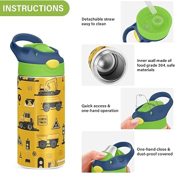 Boccsty Tractor Yellow Truck Kids Water Bottle with Straw Lid Construction Machines Insulated Stainless Steel Reusable Tumbler for Boys Girls Toddlers 12 oz Green