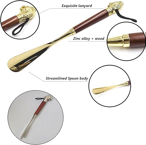 Miniatura 4 de DRXRD Cuerno de zapato de 19.29 pulgadas12.59 pulgadas, cabeza de león, mango largo, mango de madera, cuerno de zapato de metal, cuerno de zapato