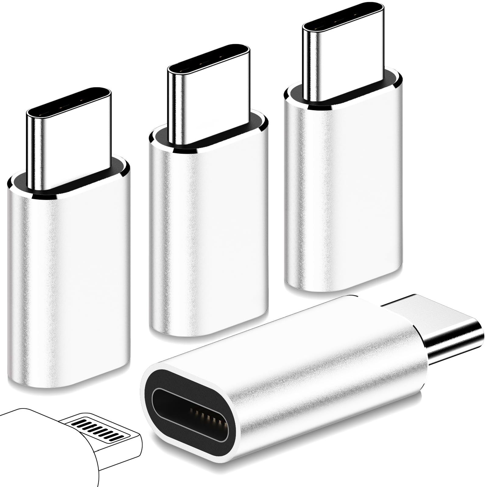 FQSH 4 Pack for Lightning Female to USB C Male Adapter, Lightn-ing to USB C Adapter,27W PD Fast Charging for iPhone 15/15 Pro/15 Pro Max/15 Plus,for iPad,Support Data Transfer,Not for Audio/OTG,Silver