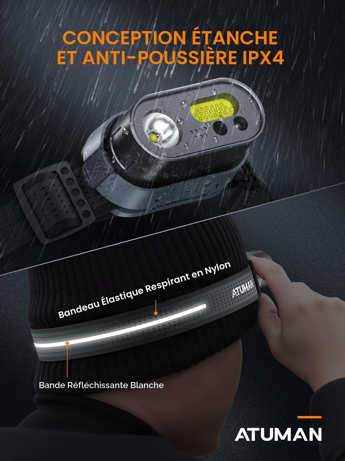 ATuMan MH1 Lampe Frontale Rechargeable, Torche Frontale Multifonction 1 Pack avec Voyant Rouge et 7 Modes d'Éclairage Headlamp IPX4 Légère avec Capteur Mouvement pour Camping/Urgence/Pêche/Course