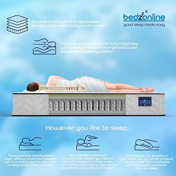 BEDZONLINE Pocket Spring Memory Foam Hybrid Mattress, King Size, 20 cm Thick
