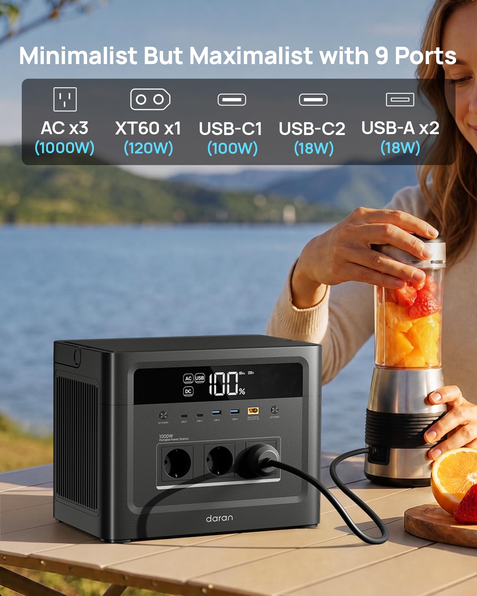 Estación de energía portátil de 1000 W, batería LiFePO4 1152WH, generador solar con 3 enchufes de 1000 W CA (punta de 2000 W), carga rápida USB-C PD de 100 W, almacenamiento de corriente móvil para