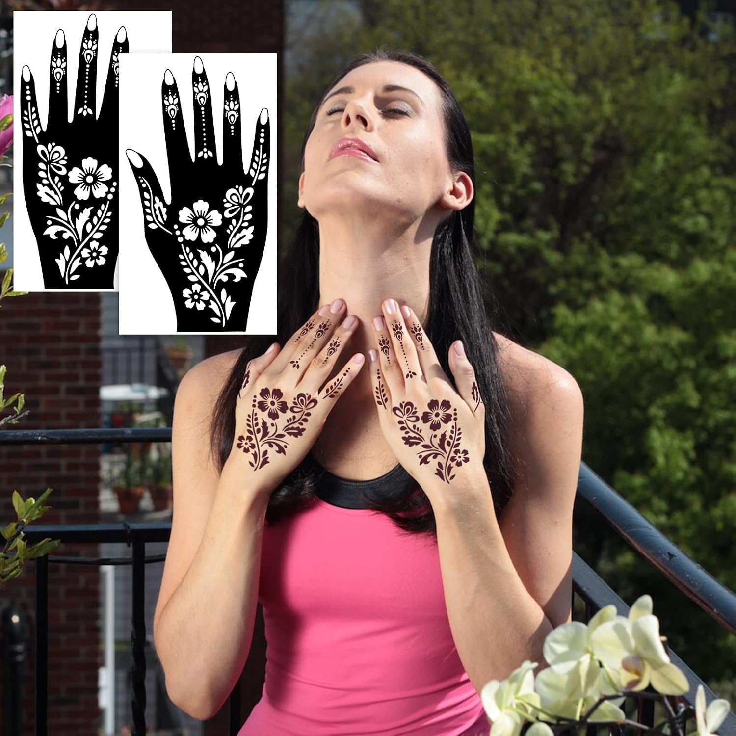 Tattoo Stencil Templates(12 Sheets), Konsait Reusable Henna Hand Temporary Tattoo Kit, Arabian Indian Self-Adhesive Tattoo Sticker for Women Girls Adults for Hand Face Body Art Paint Stencil