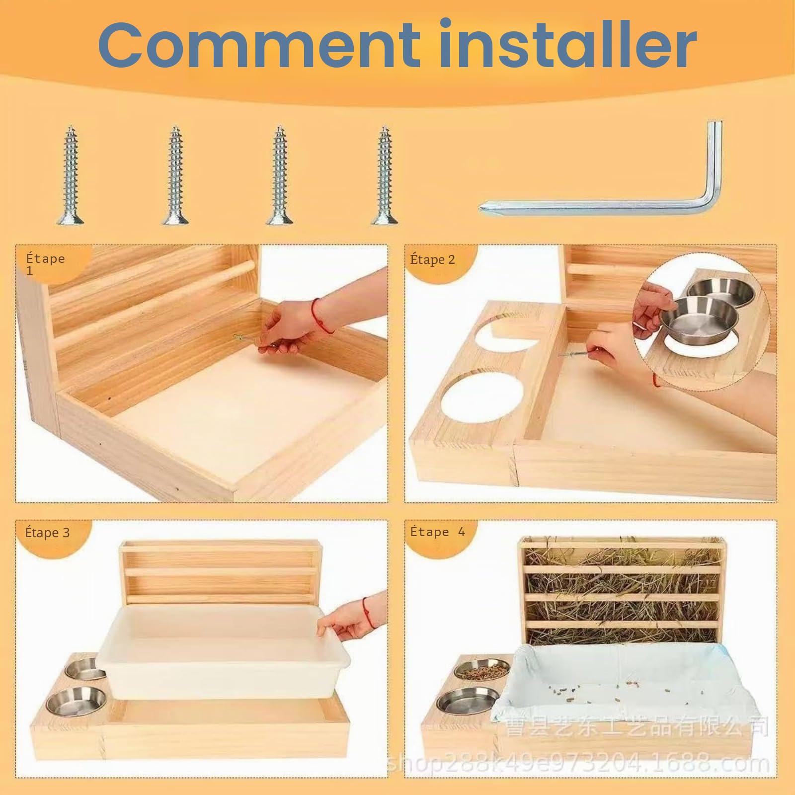 Litière 4 en 1 pour Petit Animal De Compagnie,mangeoire Lapin,Ratelier Foin À Foin en Bois pour Lapin, Hamster, Furet(Bois Massif)