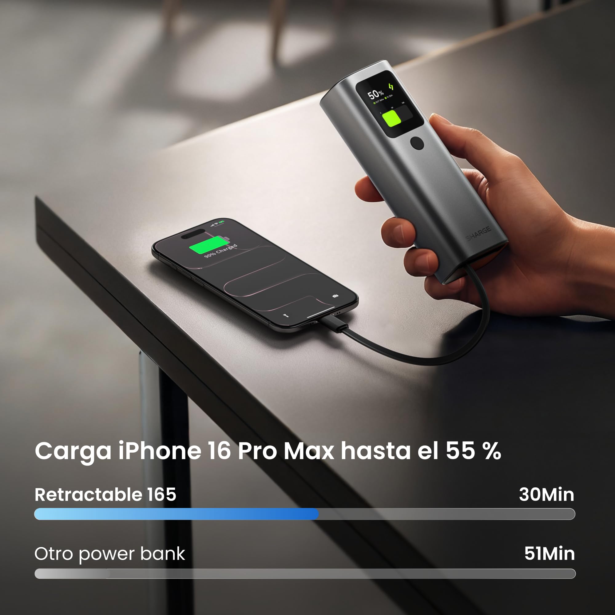 sharge Power Bank Retractable 165, Salida 165W 20.000mAh Cargador Portátil con Cable Retráctil Integrado, Pantalla TFT Interactiva Smart con 3 Puertos para iPhone 17/16/15/14, Galaxy, MacBook