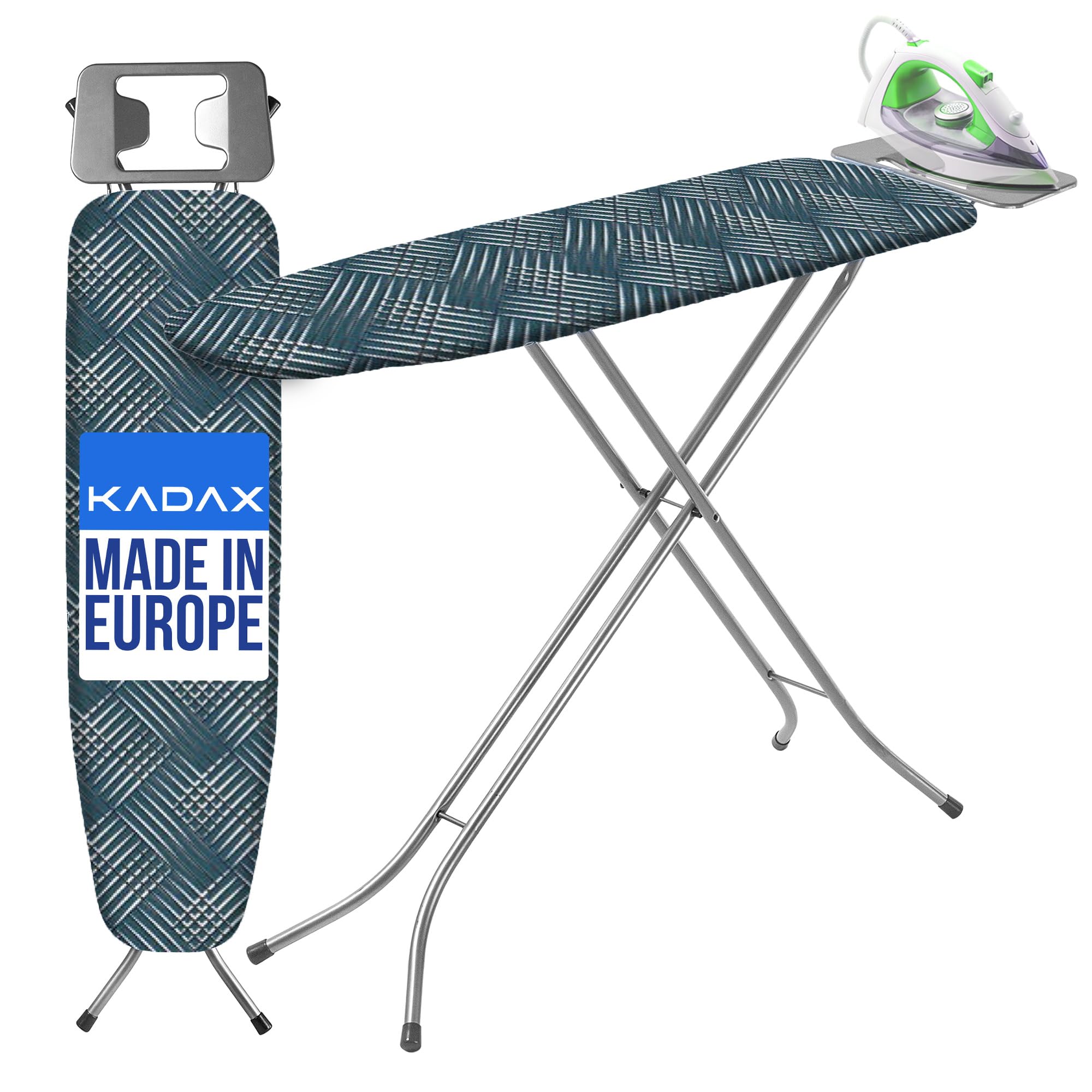 KADAX Asse da Stiro Pieghevole 110x30 cm - Verde a quadri scuri con Struttura in Metallo - Per Stirare Camicie in Spazi Ridotti - Piano 3 Strati con Portaferro Resistente al Calore e al Vapore Made i