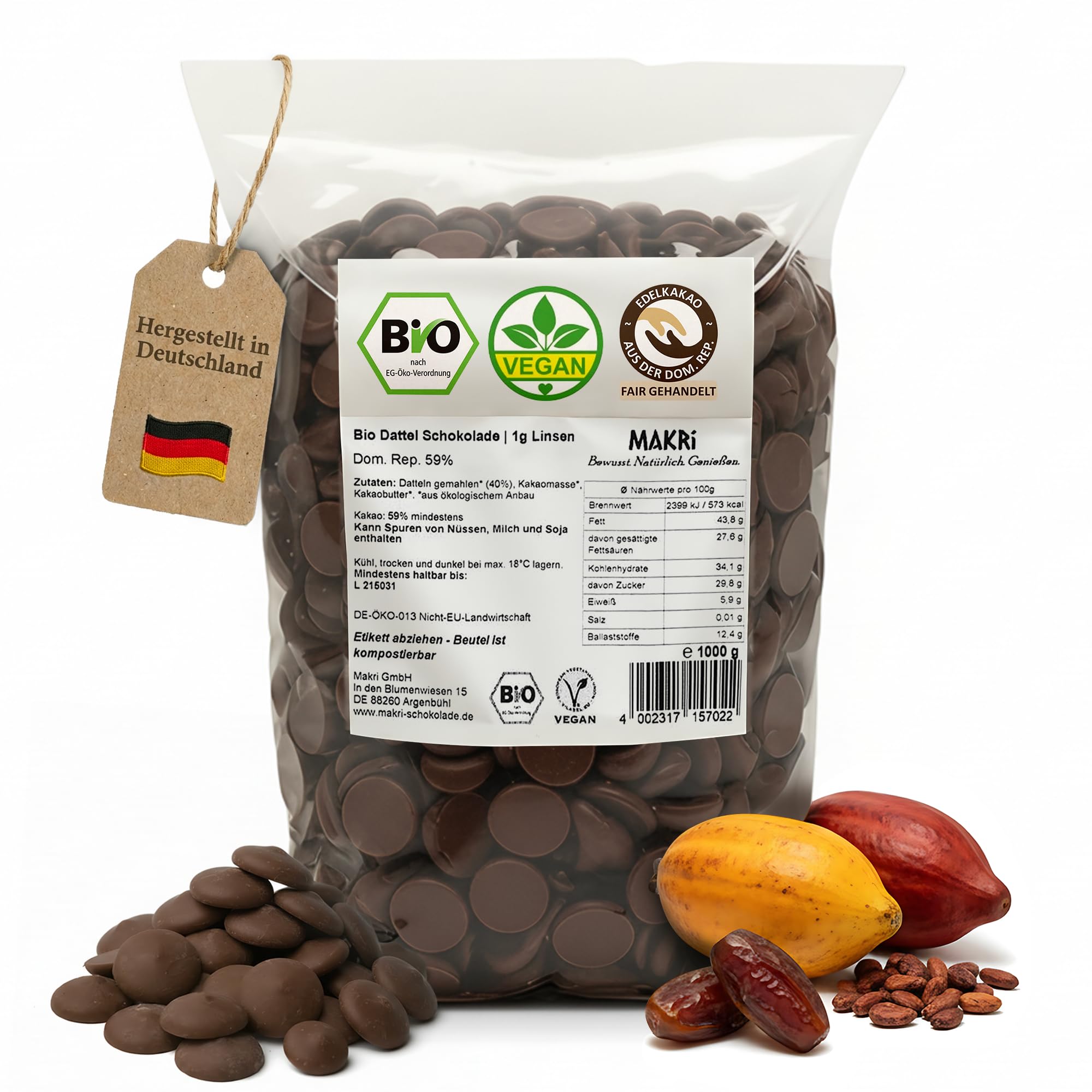 Makri Dattelschokolade Schokodrops 59% Kakao Vegan Bio Fair gehandelt ohne raffinierten Zucker 1 kg