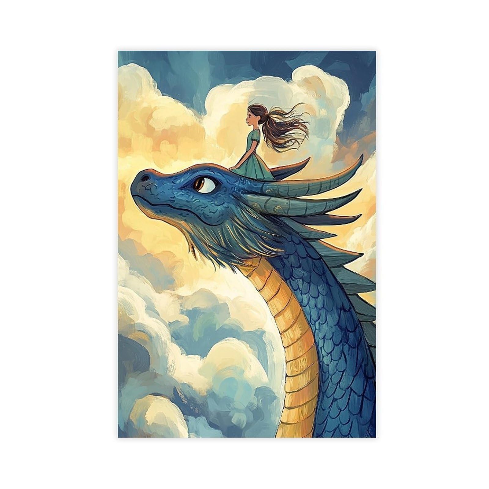 Poster su tela, motivo: ragazza che cavalca un drago, decorazione per