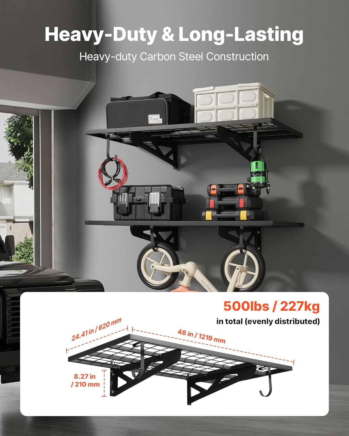 VEVOR 2-Pack Heavy Duty Garage Wall Shelving, 2 x 4 ft Steel Wall Mounted Shelving Unit with Hooks, 24 x 48 Inch Per Shelf Floating Storage Metal Rack for Garage, 500 lbs Total Weight Capacity