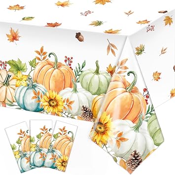 QIYANPAX 3 Pieces Fall Pumpkin Tablecloth Thanksgiving Tablecloth Autumn Harvest Maple Leaf Table Cover for Fall Thanksgiving Party Supplies, 54 x 108 Inch