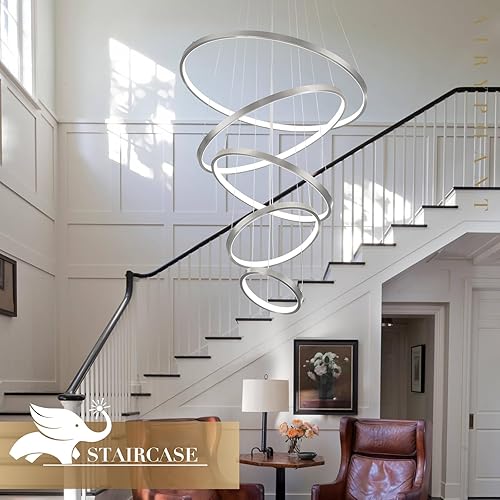 Miniatura 9 de Moedrn - Candelabros LED de 5 anillos de níquel cepillado, lámpara de vestíbulo regulable para techo alto, lámpara de níquel contemporánea regulable