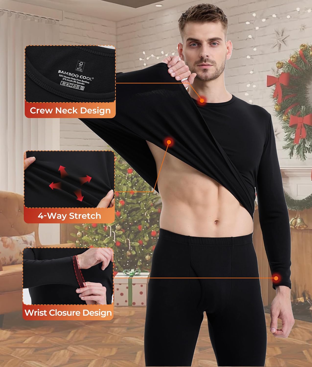 BAMBOO COOL BlazeBoo Men's Thermal Underwear with Soft Fleece Lined Base Layer Cold Weather Top Bottom Gift Set - Image 2