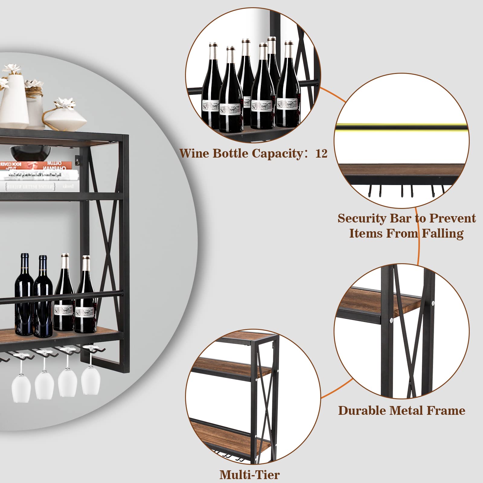 Todeco Portabottiglie Vino In Metallo E Legno, Per 9 Bottiglie E 4 Calici, Per Cucina E Bar