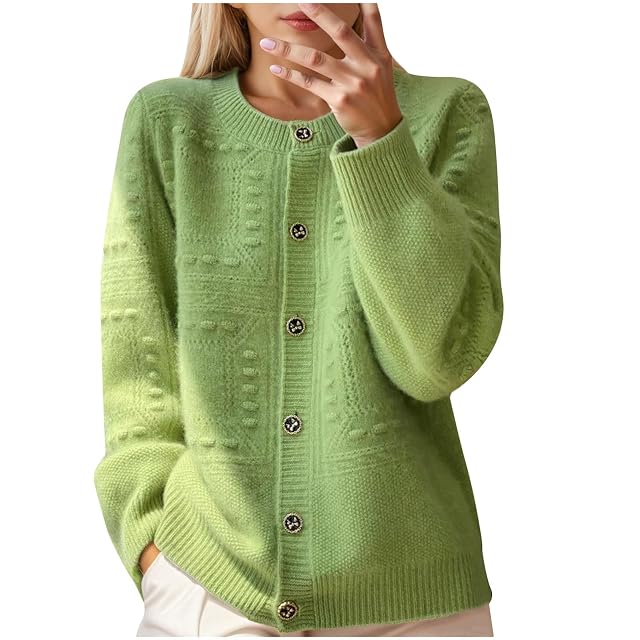 Womens Long Sleeve Cardigan Button Down Long Sleeve Crewneck Cable Knit Sweater Fall Lightweight Solid Color Jacket