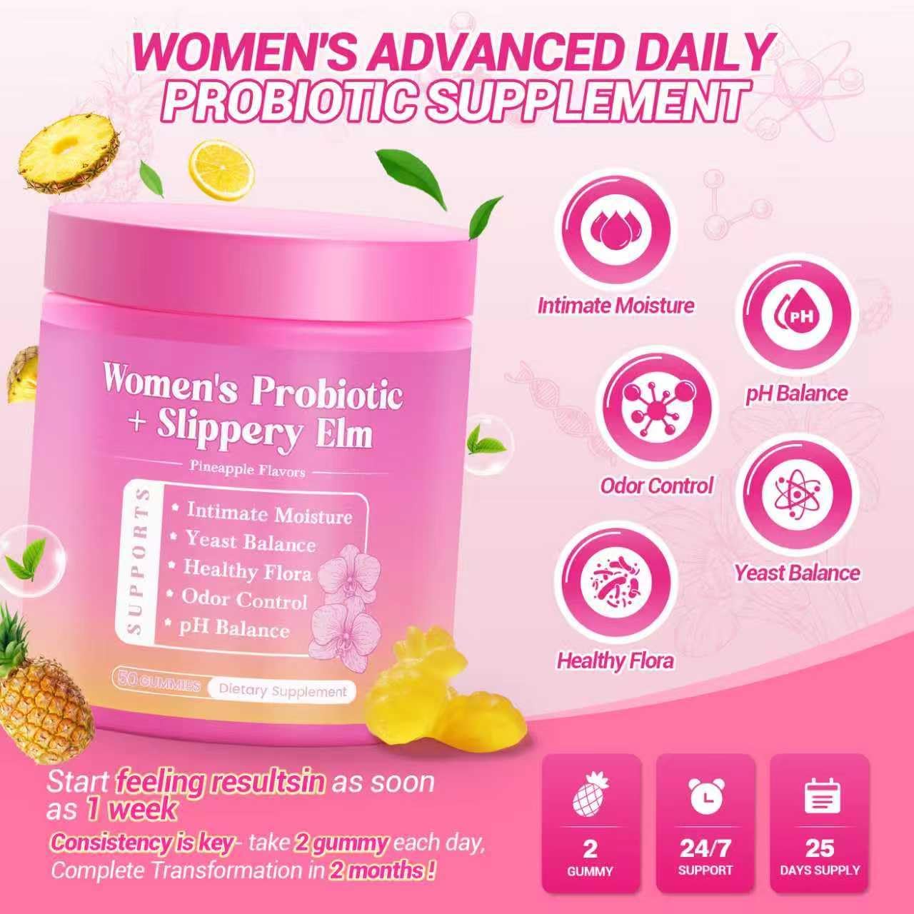 Her Juicy Feminine Probiotics Gummies, Premium Feminine Balance Gummies with Slippery Elm for Women's pH Balance, Healthy Odor, Flora and Immune Support – 90-Day Supply