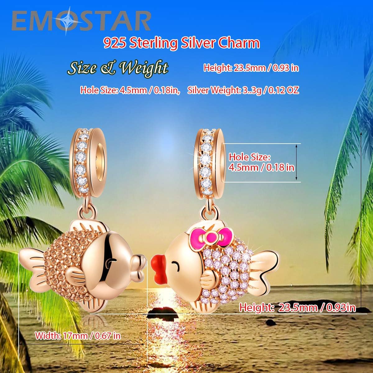 Sea Ocean Charms fits European Summer Animal Bracelet, Mother/Son Dolphins, Turtle on Blue Glass Beads, Rose Gold Fish, Seahorse Tropical Sea life Dangle in 925 Sterling Silver, for Vacation Gifts