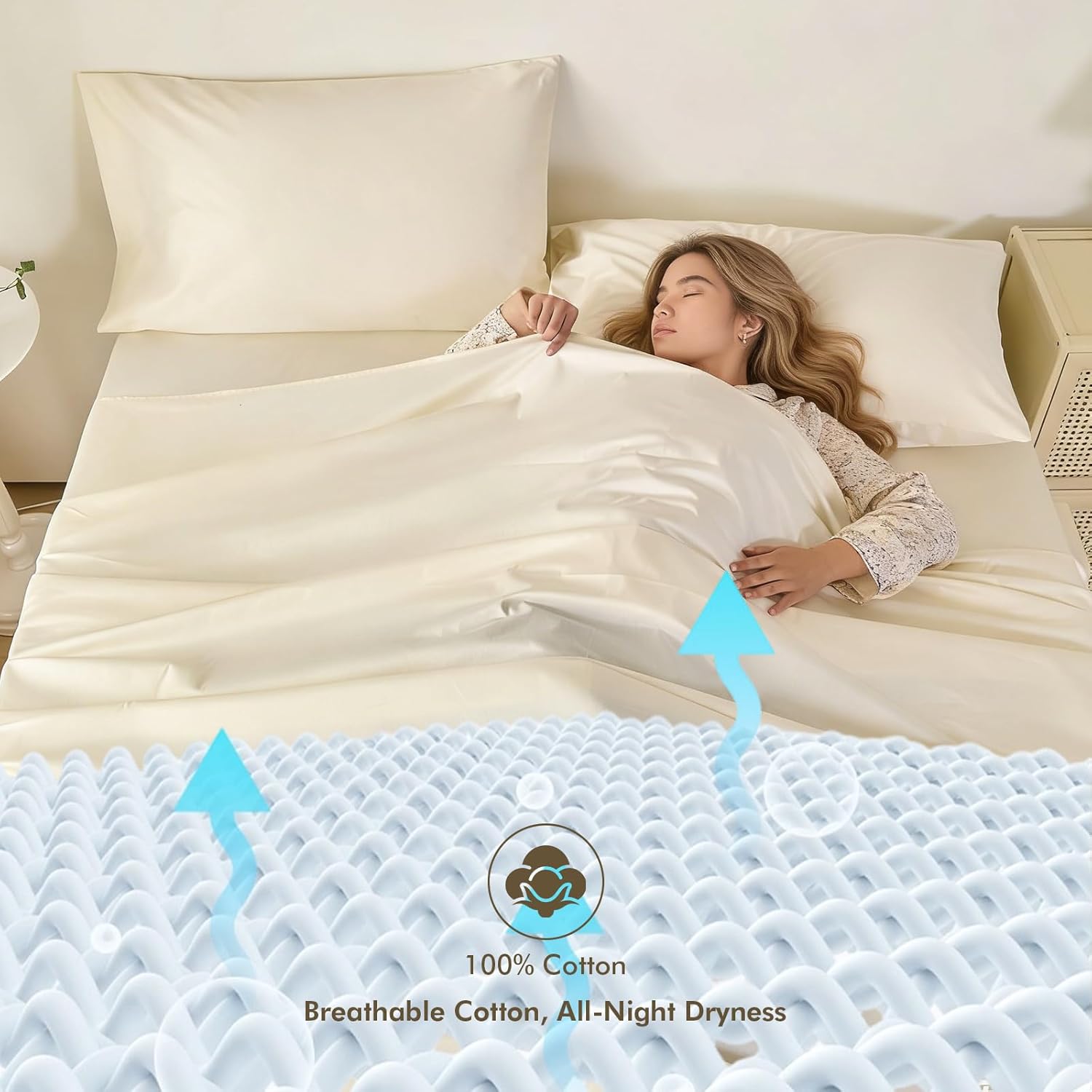 Egyptian Cotton Sheets Queen Size, Queen Fitted Sheet with Deep Pockets & Side Storage, OEKO-TEX Certified, Design for 18" Mattress, Includes 1 Fitted Sheet, 1 Flat Sheet & 2 Pillowcases (Cream)