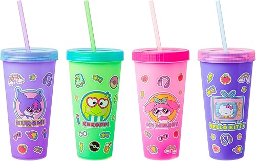 Miniatura 2 de Silver Buffalo Sanrio - Juego de 4 vasos de plástico que cambian de color con Kuromi, Keroppi, My Melody y Hello Kitty, 24 onzas
