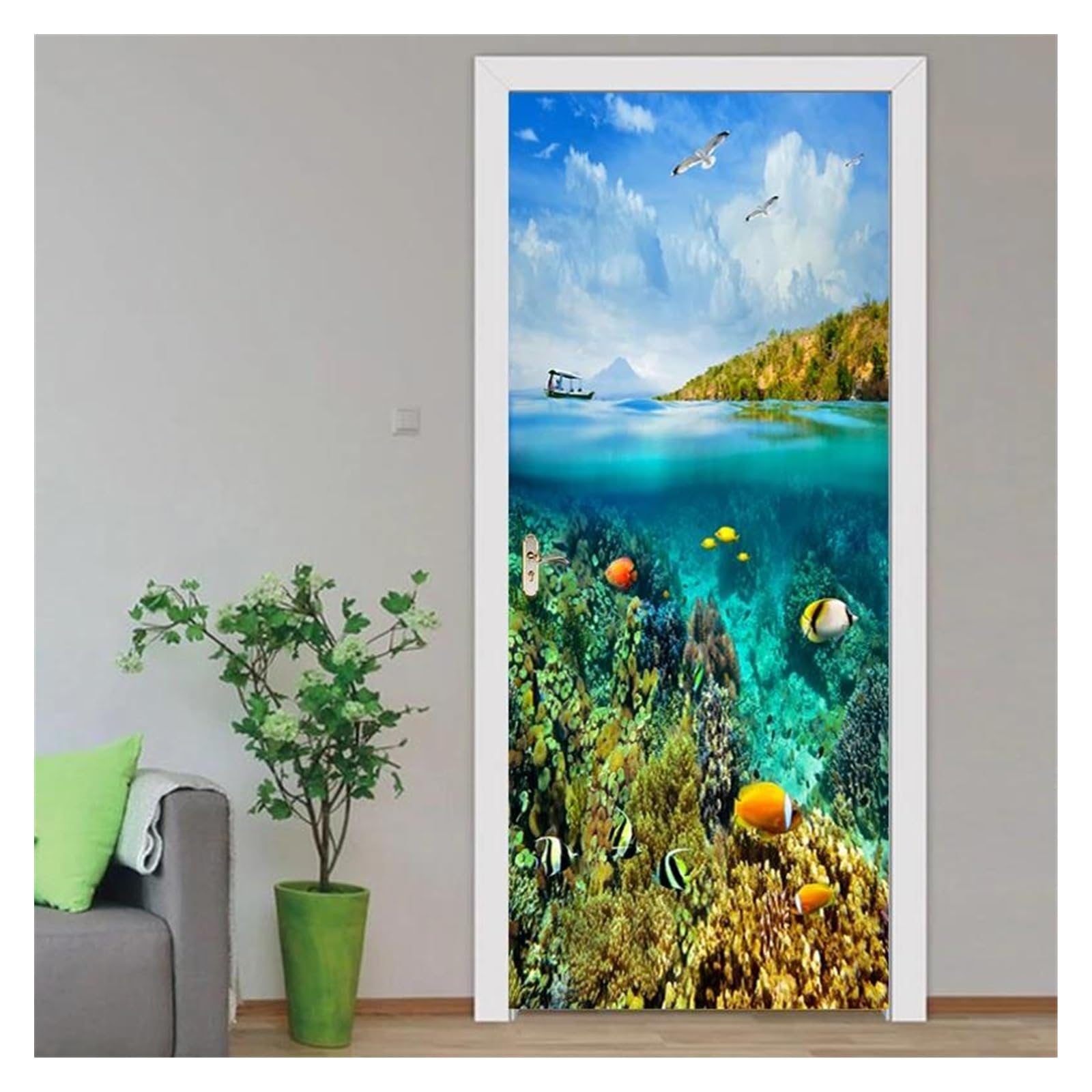 Autocollant de porte anti-humidité et papier peint mural auto-adhésif paysage de corail