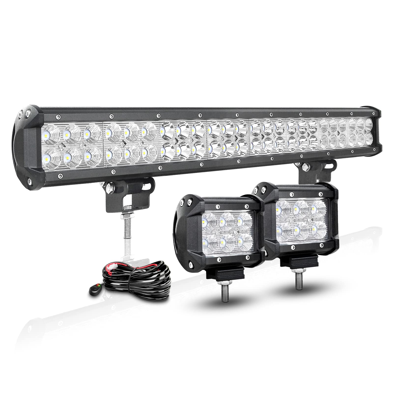 RIGIDON 59cm 23" 144W Bar Led Offroad z 2 sztuk 4" 18W Flood Reflektory światła przeciwmgielne et 12V okablowanie, Biały pasek światła LED dla samochodów offroad ciągnik ciężarówka łódź 4x4 pojazdów,