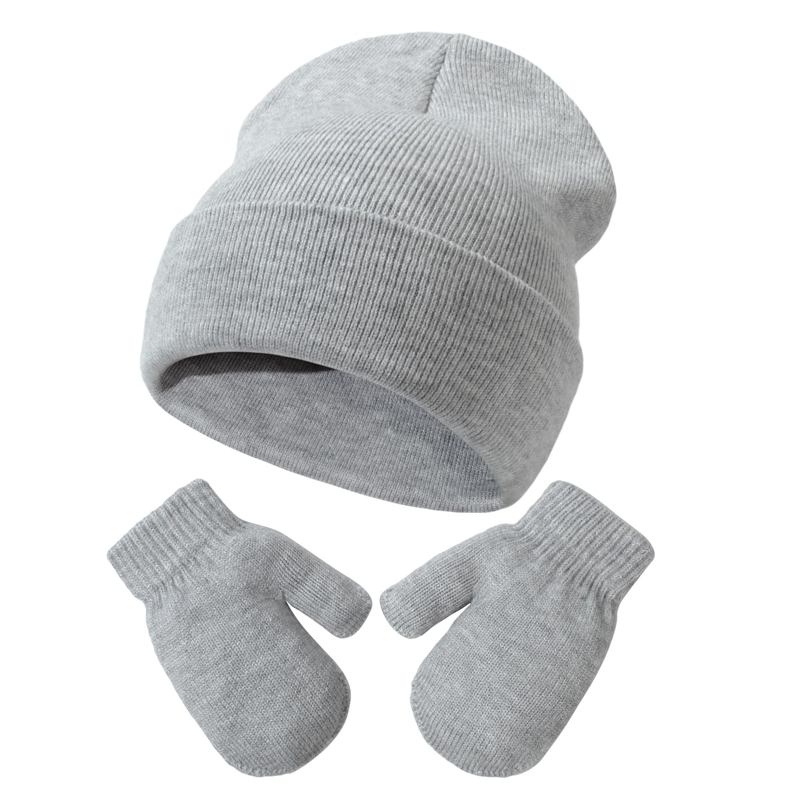 DRESHOW Baby Beanie Hat Mitten Set Infant Toddler Kids Winter Warm Knit Hat with Gloves for 2 Years - 5 Years Girls Boys Children