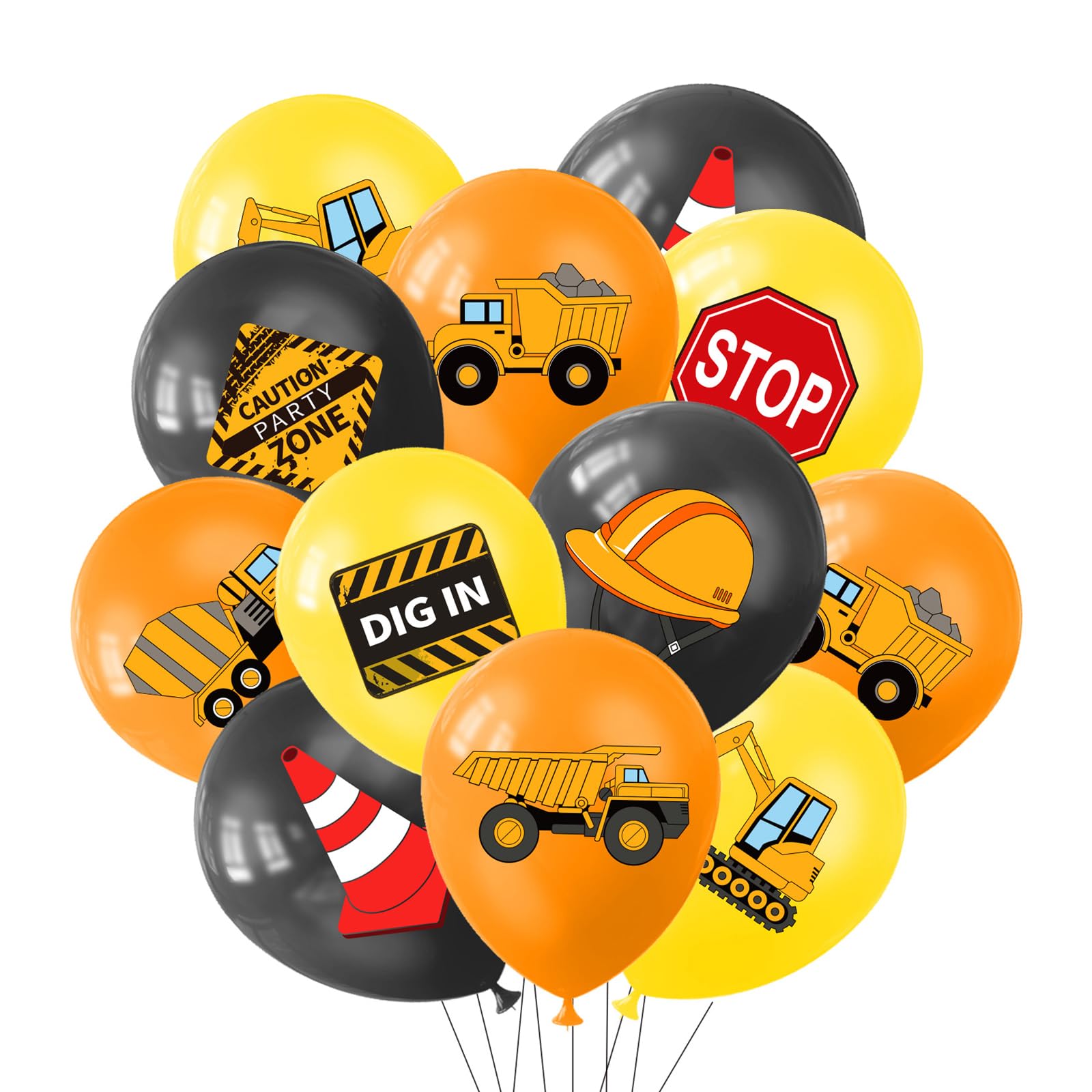 Bolosa Construction Balloons 18 Pack, Digger Birthday Party Decorations with 9 Vehicle Prints, 12 Inch Digger Latex Balloons for Boys Birthday Party Supplies & Engineering Theme Decor