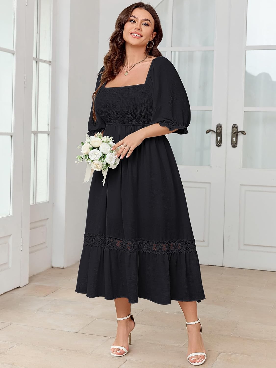 SCOMCHIC Women's Plus Size Maxi Dress Short Sleeve Square Neck Smocked Flowy A-Line Lace Trim Boho Wedding Guest Dresses - Image 3