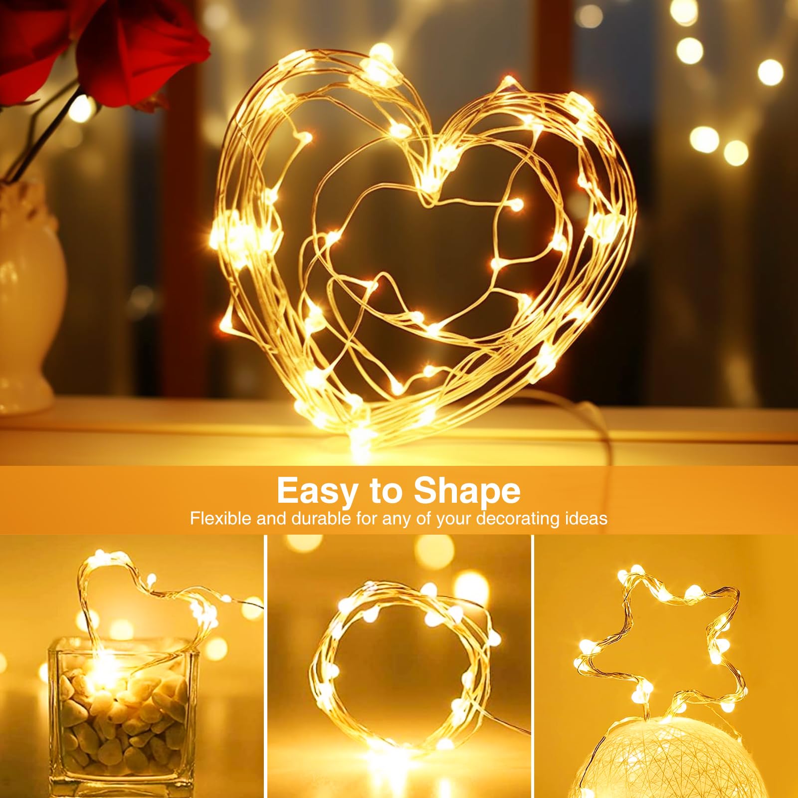 【Paquete de 10】Guirnalda de luces que funcionan con pilas con temporizador, cadena de 20 luces LED de 7 pies, impermeable, alambre plateado, luces parpadeantes para dormitorio, Navidad, boda