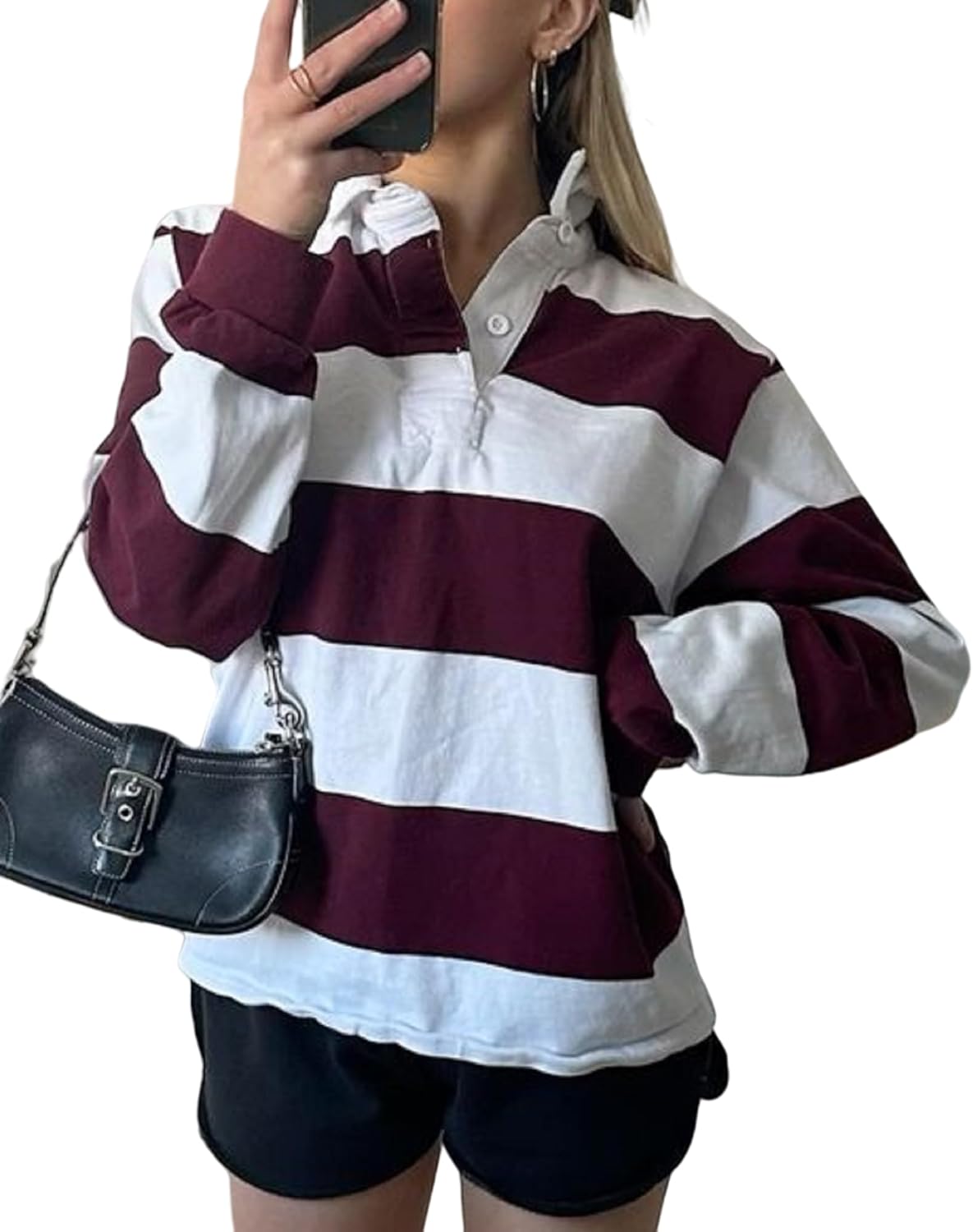 Women Striped Rugby Shirt Y2k Long Sleeve Oversized Polo Sweatshirt Vintage Collared Shirt Pullover Top Streetwear