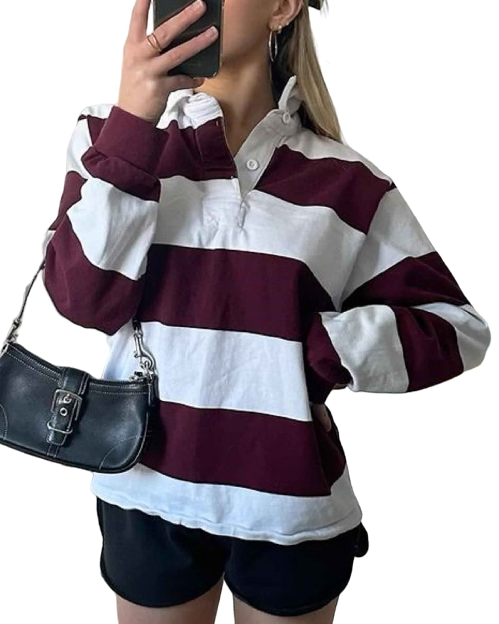 Women Striped Rugby Shirt Y2k Long Sleeve Oversized Polo Sweatshirt Vintage Collared Shirt Pullover Top Streetwear Striped · Loose Fit