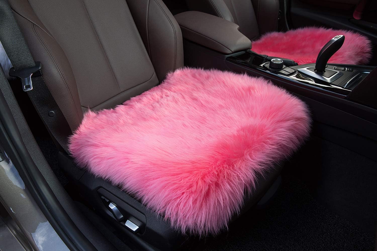 Winter Warmth: Universal Sheepskin Seat Cushion Cover - Natural Wool, for Cars, Trucks, SUVs & Vans - Cozy & Stylish Driving Companion Front Pink
