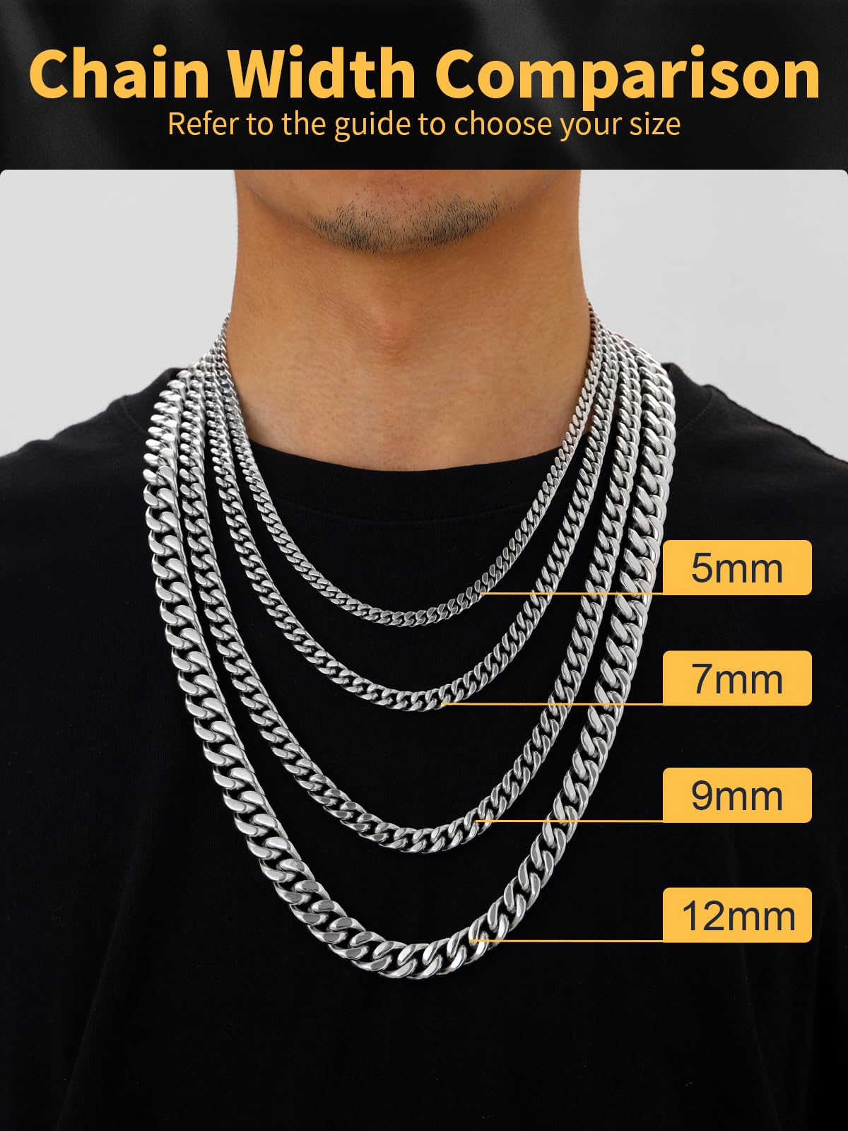 U7 Collar de Cadena Cubana Miami Curb 5/7/9/12mm Collar Cubana Hombre Cadena Eslabones Acero Inoxidable Plateado/Dorado/Negro Cadena Cubana Hombre Hip Hop Longitud 46-76cm