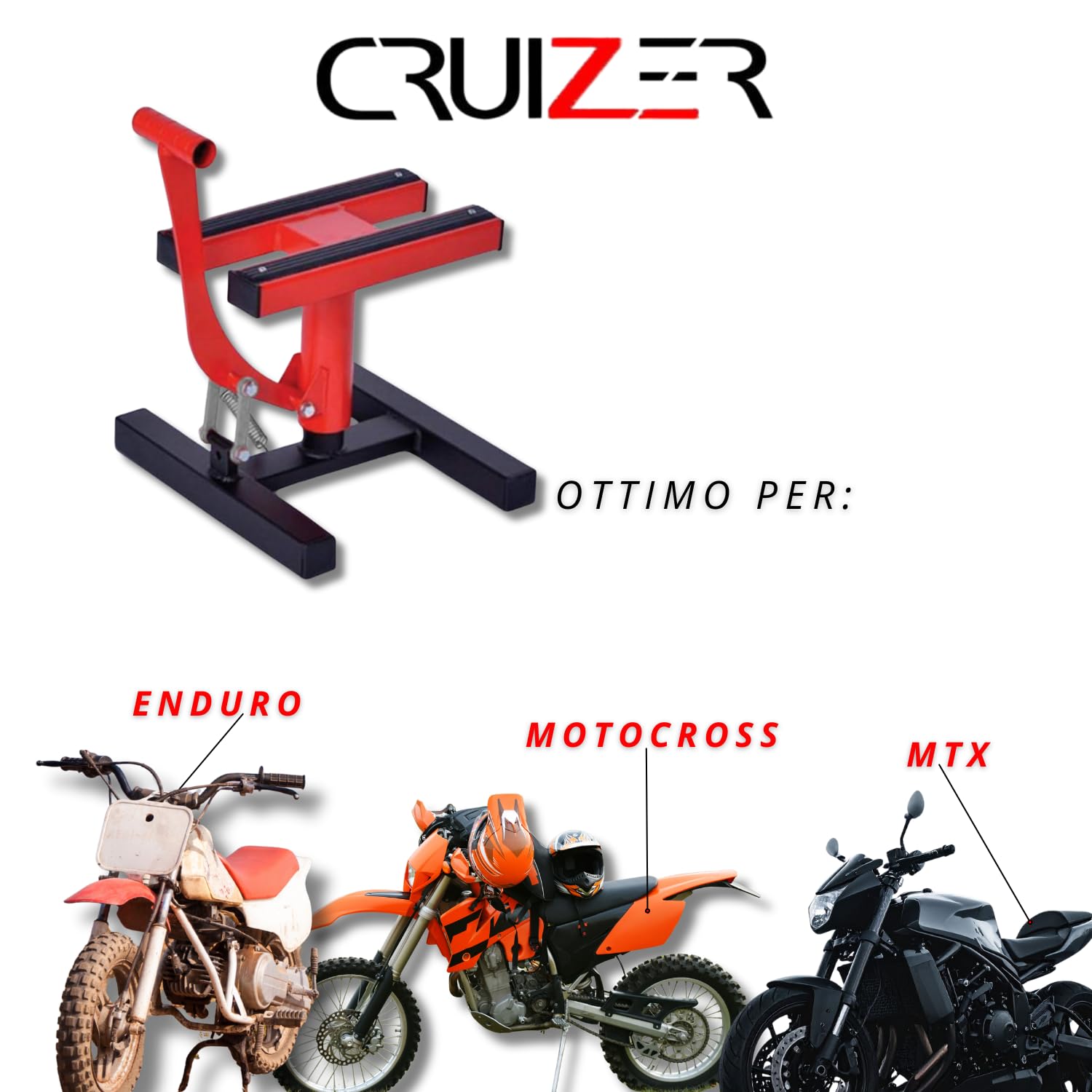 Cruizer - Cavalletto centrale alza moto Rosso cross enduro motard per manutenzione, portata massima 200 Kg