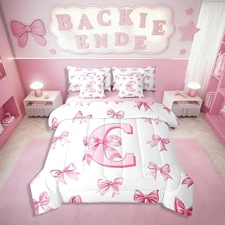 Erosebridal Initial Letter C Bed in A Bag with Sheets Pink Monogrammed Bowknot Full Comforter Set 7 Piece,Dreamy Princess Bow Bedding Set for Kids Girls Teen Women,Kawaii Girly Bowknot Bed Set