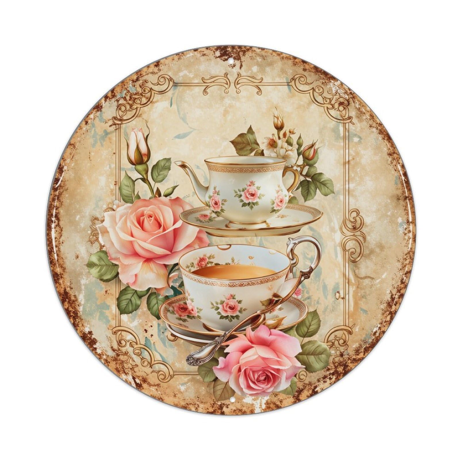 Tea Cup Roses Vintage Round Tin Sign Retro Metal Sign for Cafe Bar Pub Home Game Room Gym Club Wall Decoration Vintage Metal Poster 8x8 Inch