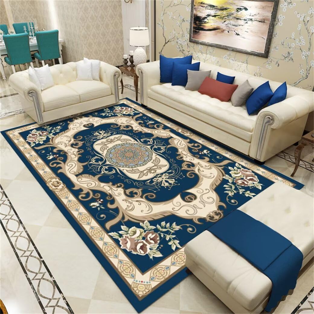 Tapis salon lavable 120x160 bleu avec motif floral rétro anti-tache