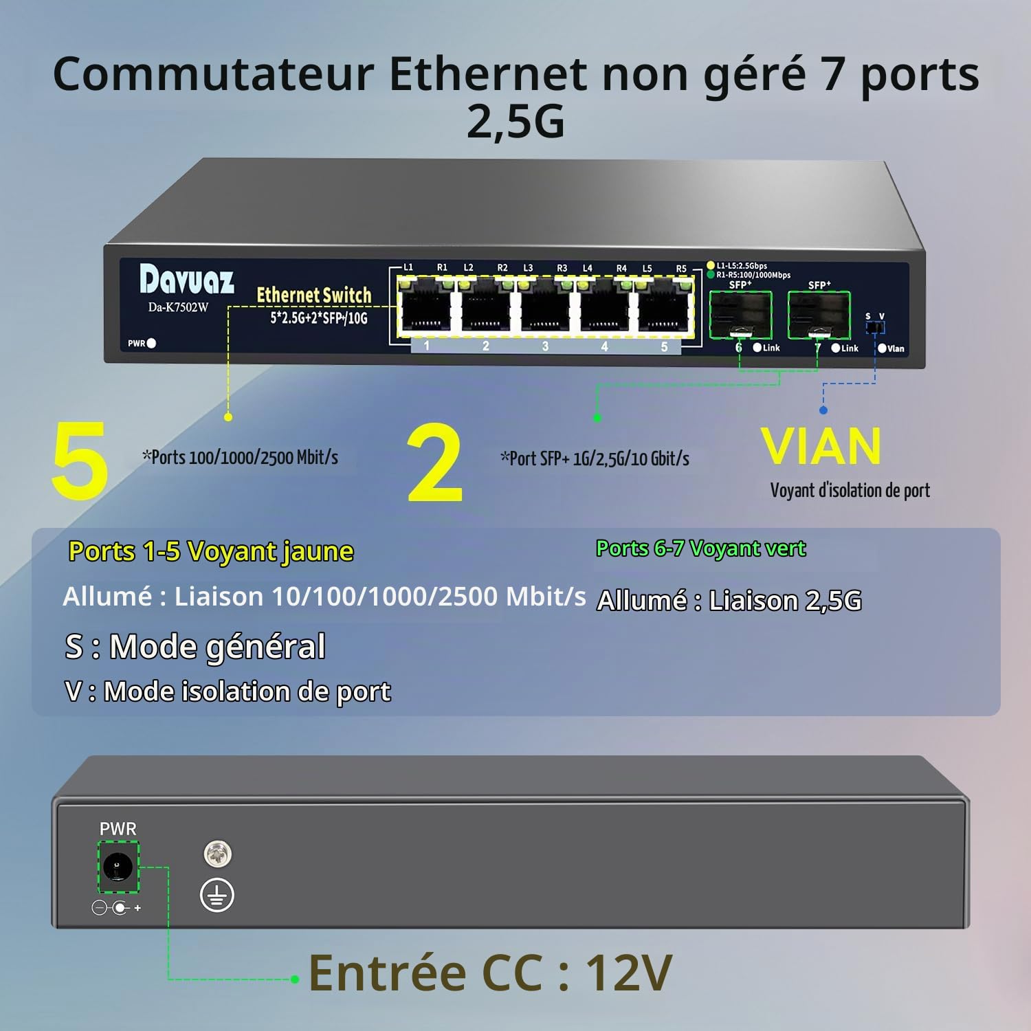 7-Port 2.5G Unmanaged Ethernet Switch with 5 x 2.5G Base-T Ports and 2 x uplink 10G SFP Ports, Compatible with 100/1000/2500Mbps Network Switches,Metal and Fanless, Plug and Play