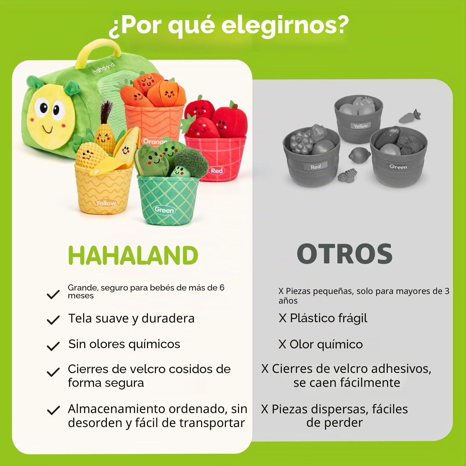 hahaland Peluches de Frutas y Verduras, Juguetes Bebes 6-12 Meses con Sonajas y Cesta y Bolsa-Oruga, Juguetes Montessori Educativos para Bebé 9 12 18 Meses, Regalo Juguetes Niños 1 Año