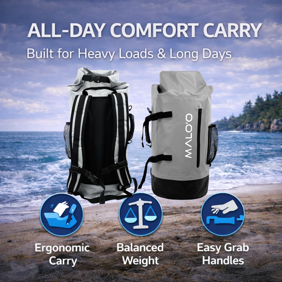 Malo'o 45L Wasserdichter robuster Rucksack für Kajakfahren, Camping, Angeln, Wandern, Tagesrucksack – Strandzubehör, Bootszubehör und Reiseausrüstung – Angelrutenkoffer, grau, 45L US, 45 l