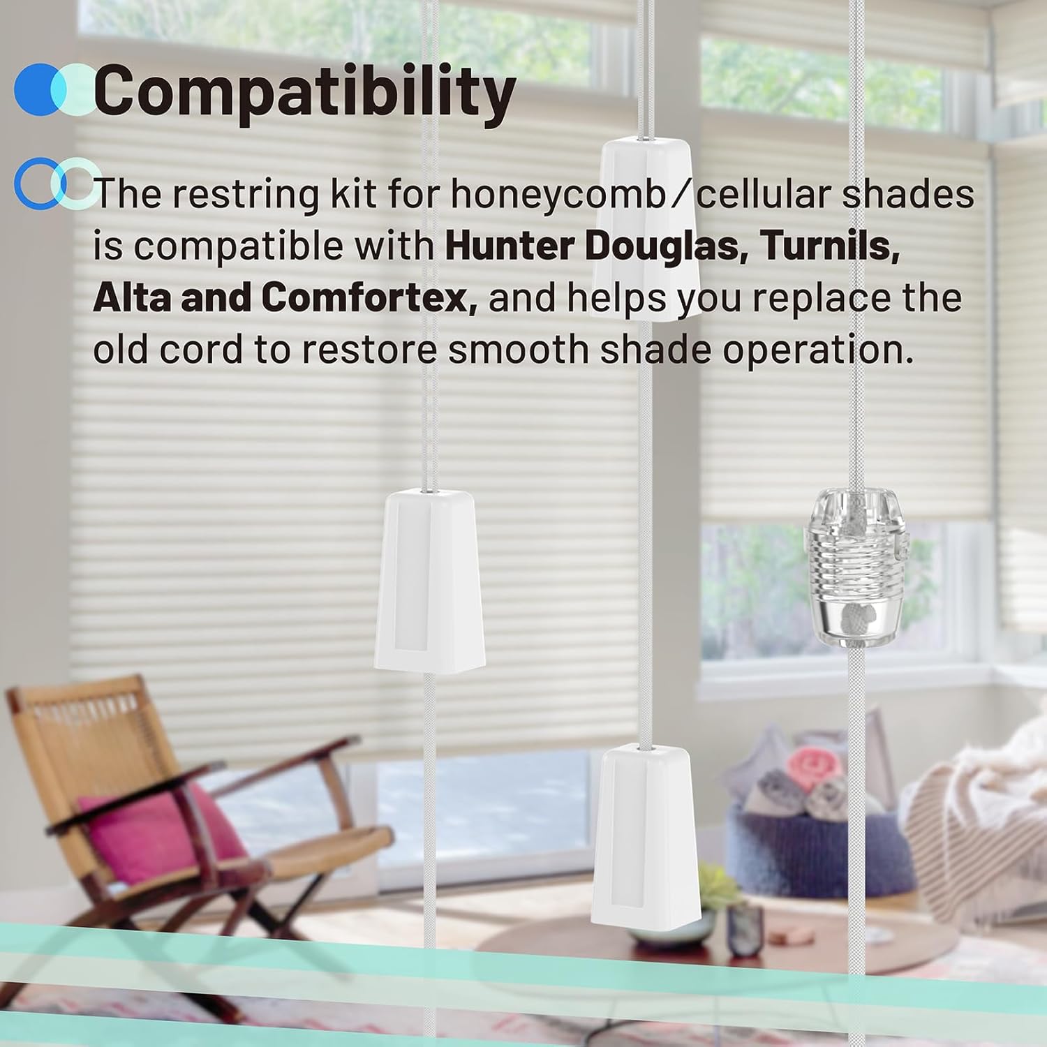 Honeycomb Shade Restring Kit, Cellular Blinds Repair Kit Compatible with Hunter Douglas/Turnils/Alta/Comfortex, Fits for Honeycomb/Cellular Shades, Includes Cord & Hardware (White)