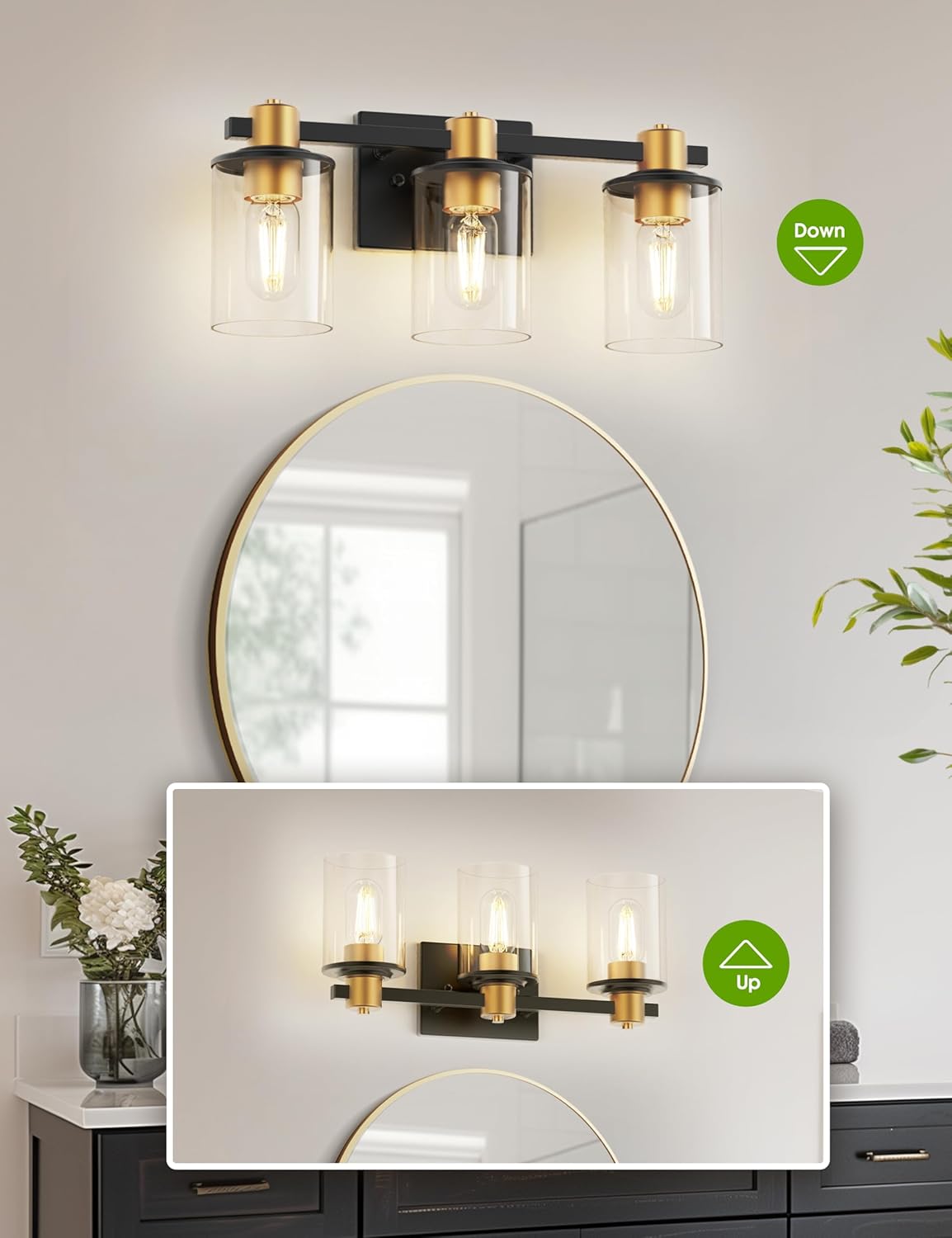 L LOHAS LED Black and Gold Vanity Light, Modern 3-Light Bathroom Light Fixtures with Clear Glass Shade, Vanity Lights for Bathroom Mirror Bedroom Hallway