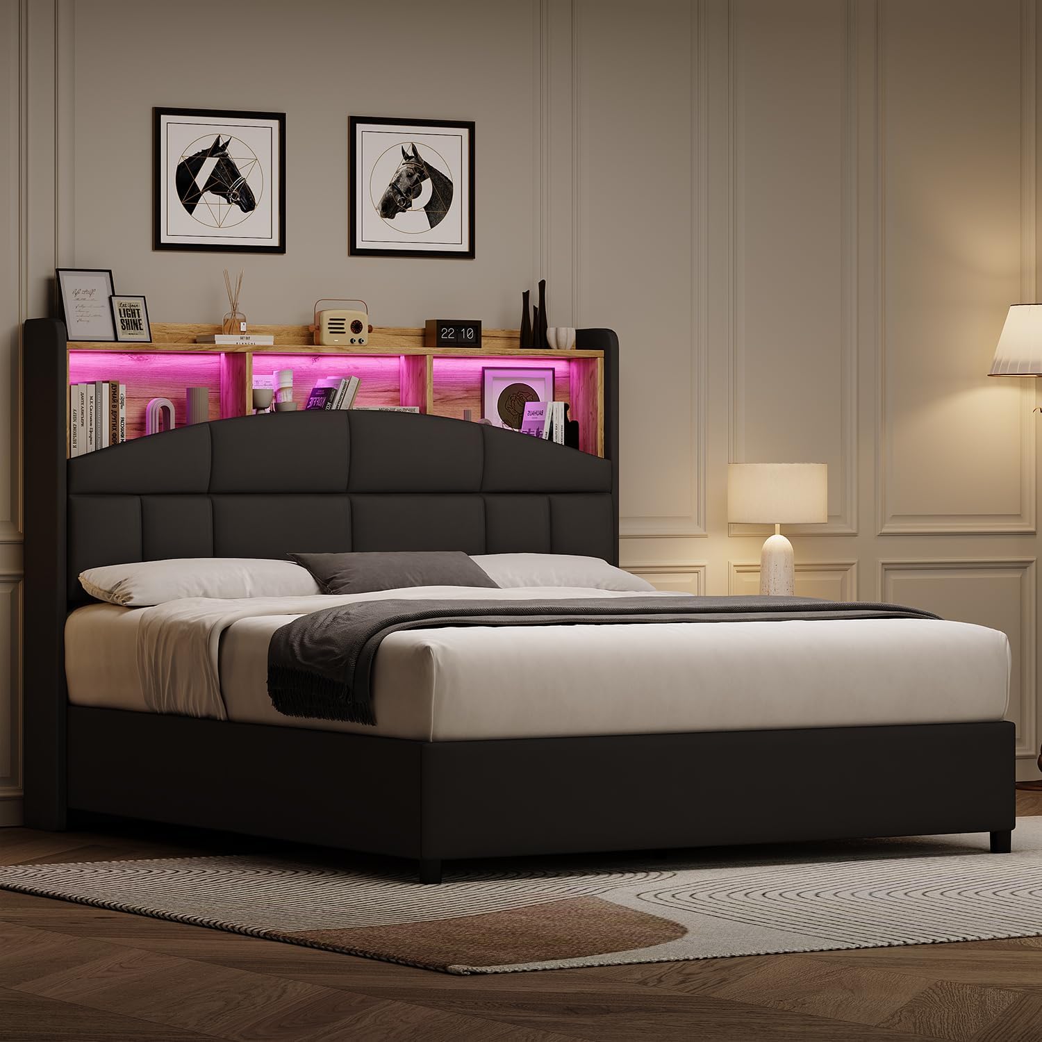 REVOMINCA Full Size Bed Frame with Headboard, Velvet Upholstered Bed Frame with LED Lights, Full Size Platform Bed with Wooden Slats Support, No Box Spring Needed, No Noise, Black