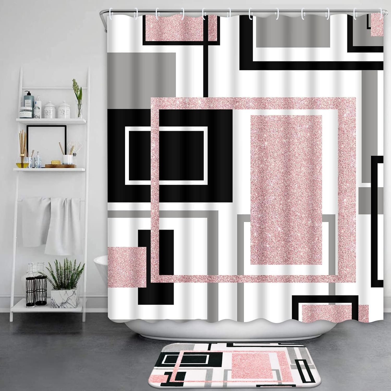Geometrisches Duschvorhang-Set mit rutschfesten Teppichen und Badematte, abstraktes Kunst-Design, wasserdichte Vorhänge, moderne Badezimmer-Dekoration, 4-teilig, Rosa