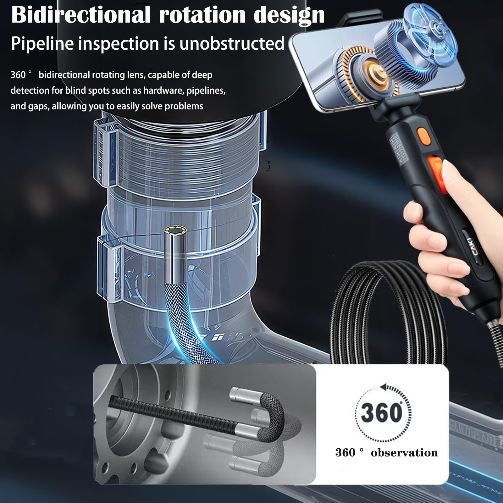 Kamera inspekcyjna endoskopowa, dwukierunkowy boroskop przegubowy 360° ze światłem, wodoodporna sonda 6 mm IP67, półsztywna sonda, do HVAC, hydraulika, motoryzacja, elektryczna (Android/iOS)