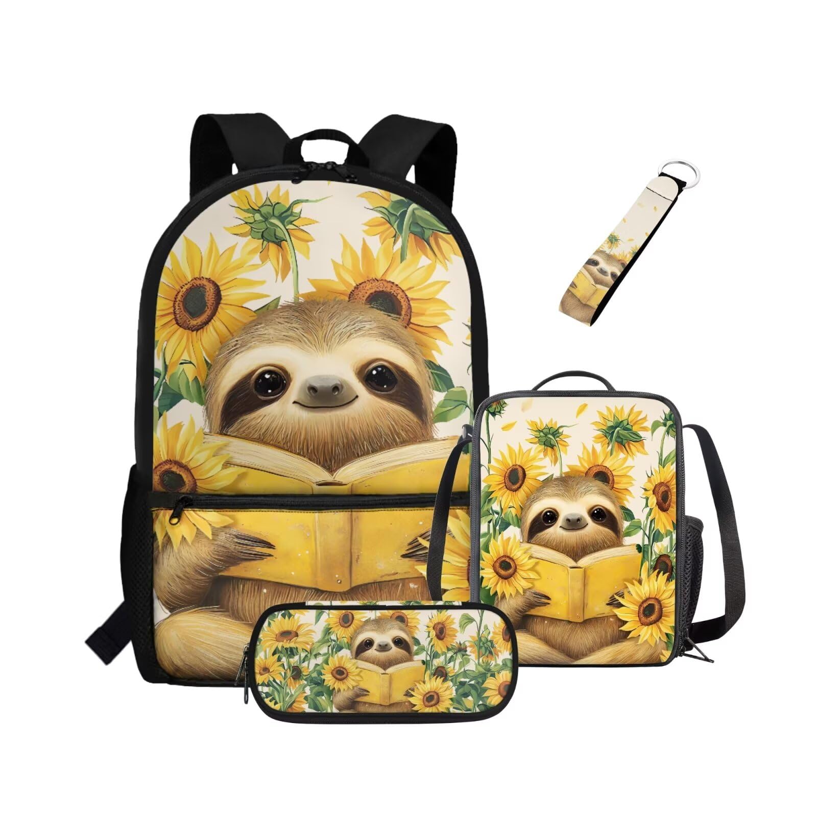 Rucksack 4-teiliges Set Scool Büchertasche mit Lunchbox, Federmäppchen, Schlüsselanhänger für Grundschulkinder, Kinder, Schultaschen, Sonnenblumen-Faultier, Kinderrucksack
