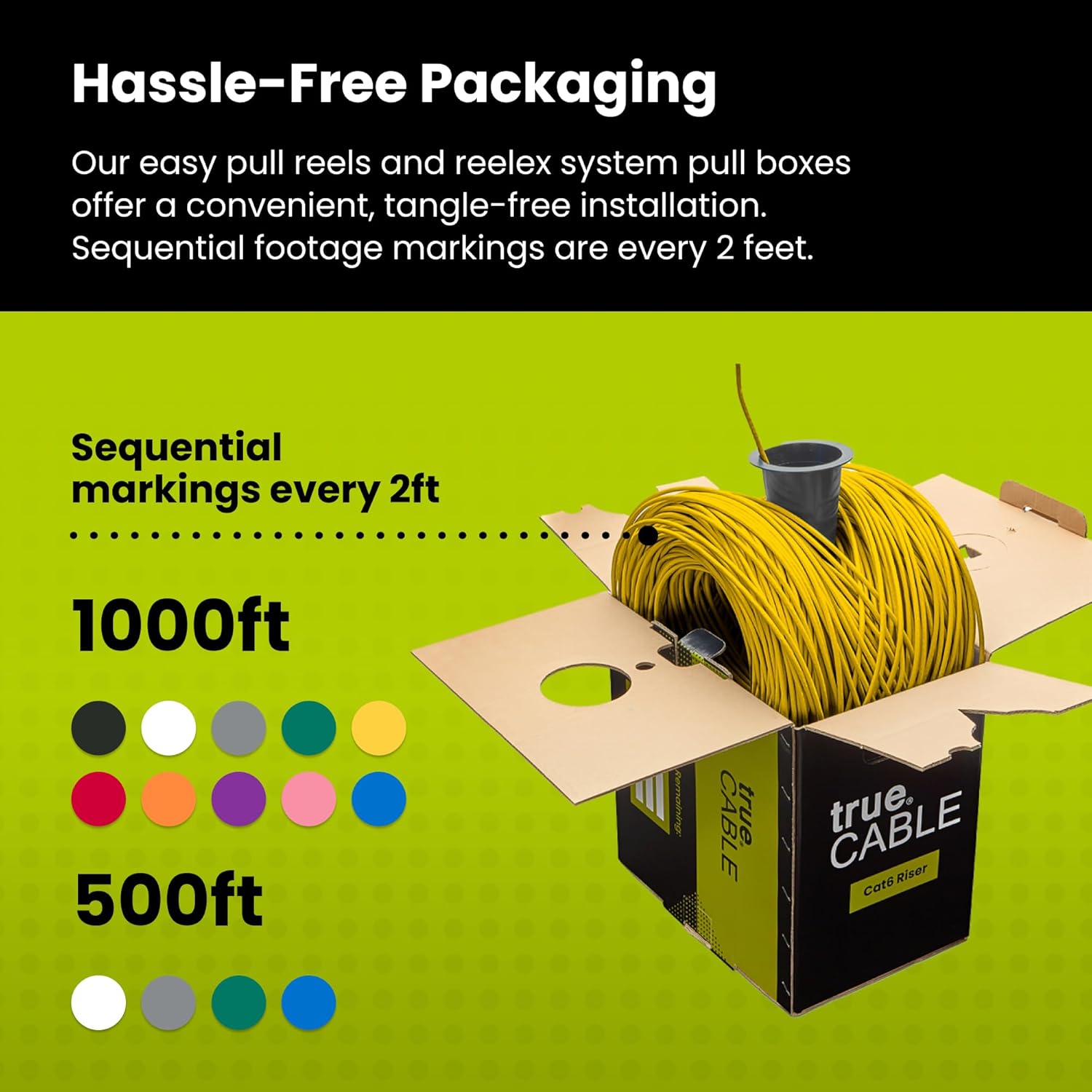 trueCABLE Cat6 Riser (CMR), 1000ft, Yellow, 23AWG 4 Pair Solid Bare Copper, 550MHz, PoE++ (4PPoE), ETL Listed, Unshielded Twisted Pair (UTP), Bulk Ethernet Cable
