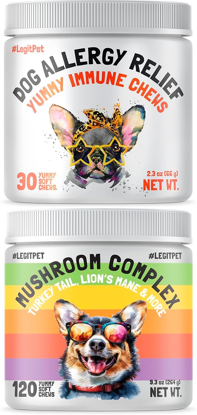 Allergy Relief Chews for Dogs & Immune & Digestive Supplement 30 Soft Treats and Mushroom Complex Treats for Dogs with Reishi Shiitake and Turkey Tail Mushrooms 120 Soft Treats