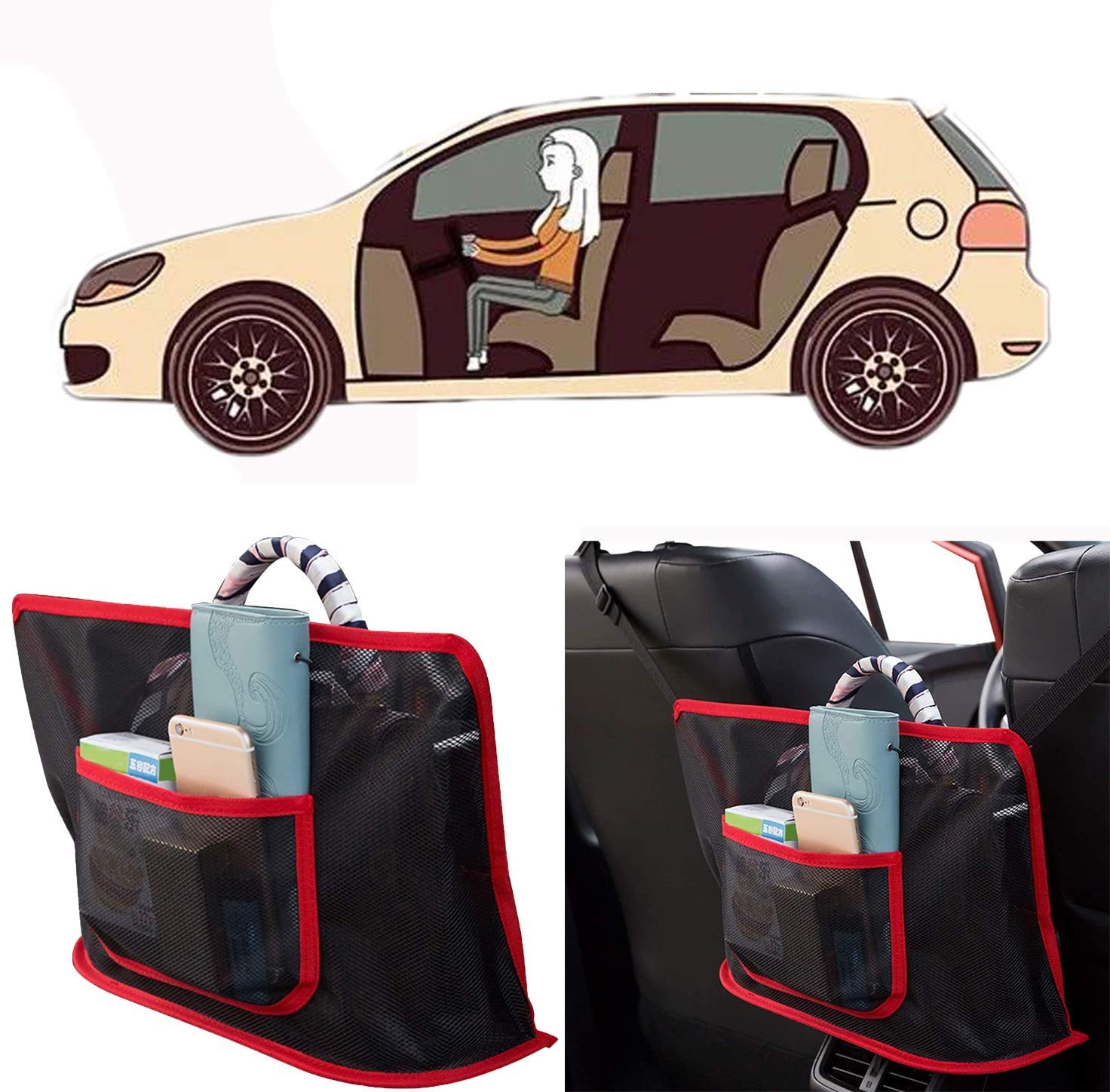 STYLOOC Universal Car Storage Net Pocket Storage Supplies Between The Two Seats of The Car Car Screen Suspension Type Car Storage Bag(Black and Red)